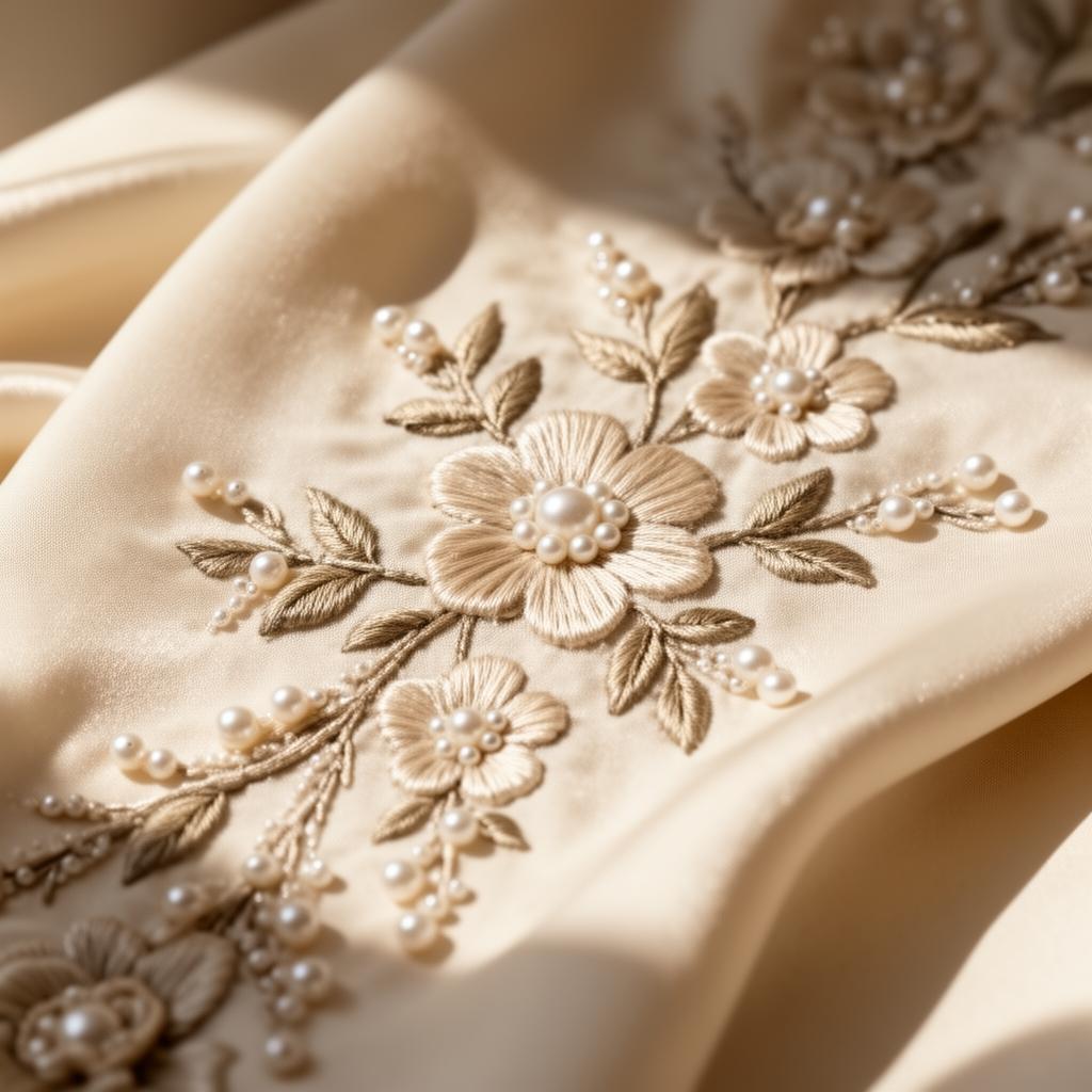 Hand embroidery detail on ivory silk couture