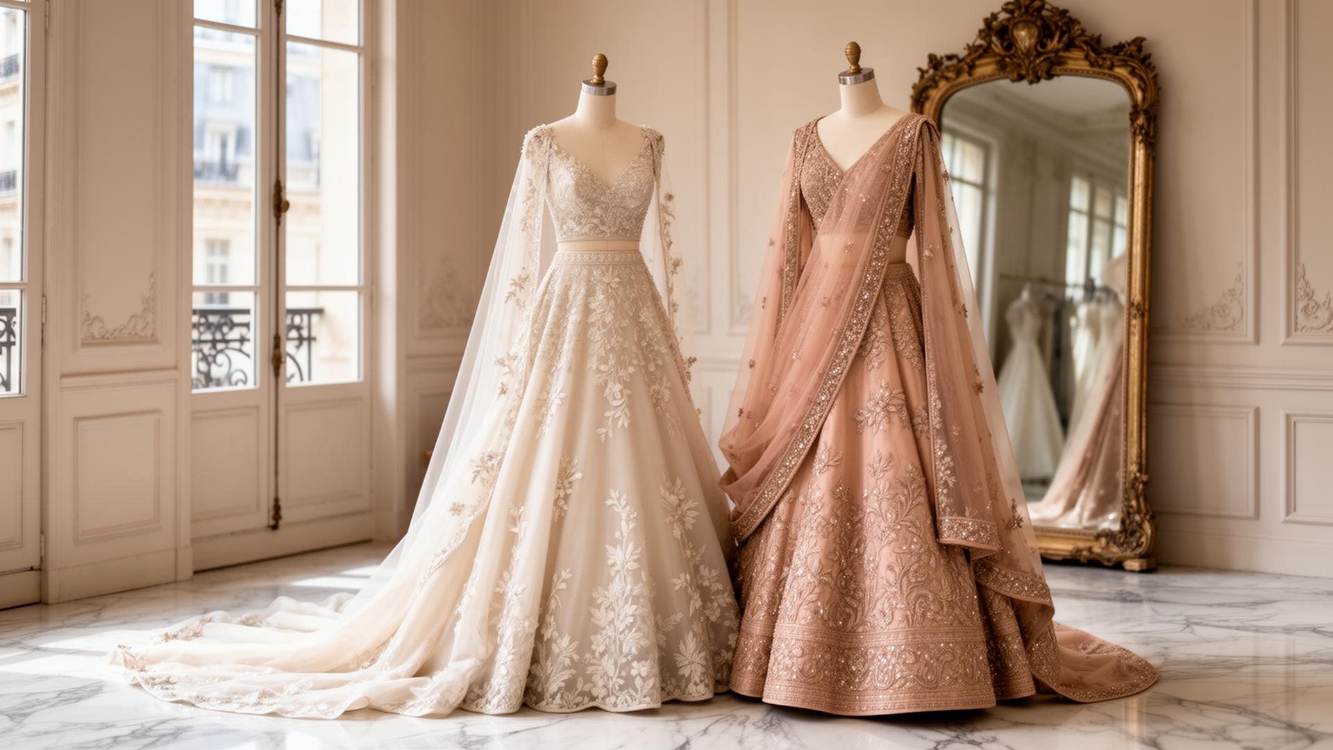 Bespoke ivory couture gown on dress form in atelier